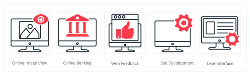 A set of 5 Seo icons as online image view, online banking, web feedback