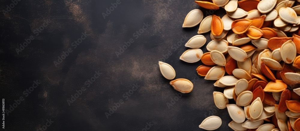 Aufkleber a top view image of pumpkin seeds on a gray concrete background with copy space