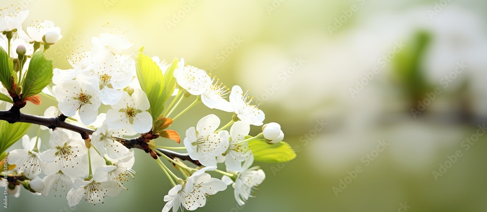Poster in spring cherry flowers bloom with lush green leaves creating a beautiful macro shot with ample spa