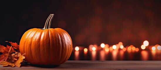 A festive Halloween pumpkin with traditional decorations and bright lights providing a perfect copy space image