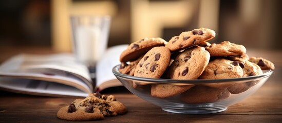 A table with a bowl of freshly baked cookies in close up providing a copy space image - Powered by Adobe