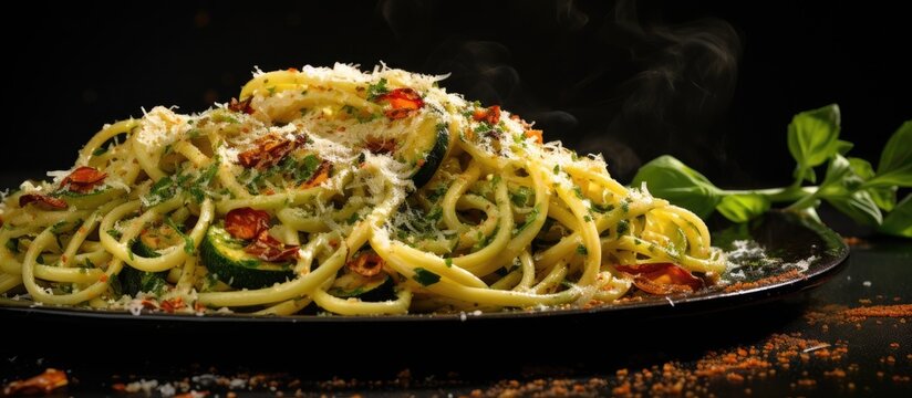 Italian style spaghetti alla Nerano with a copy space image banner showcasing the delicious fried zucchini pasta