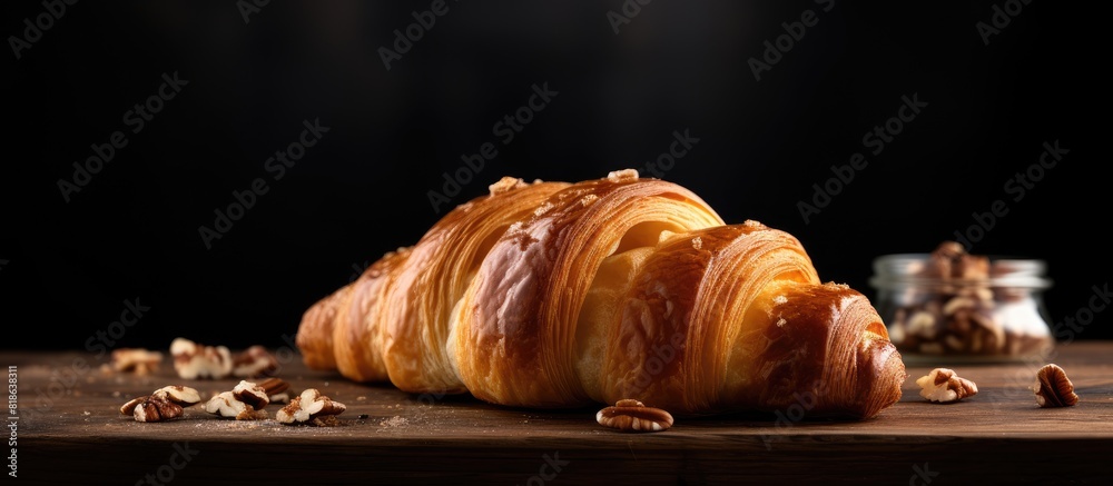 Poster a walnut croissant is placed on a wooden table in a homemade bakery the background is black providin