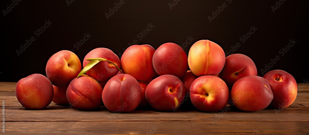 Poster a copy space image of juicy nectarines arranged on a rustic wooden table
