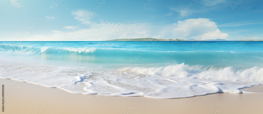 Poster The sandy beach and tropical sea create a soft wave serving as the backdrop for this beautiful copy space image