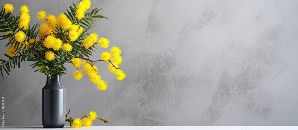 Poster A stunning yellow mimosa stands out against a serene gray background leaving ample empty space for additional images or text