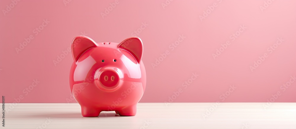 Aufkleber Flat lay view of a pink piggy bank with ample copy space image available