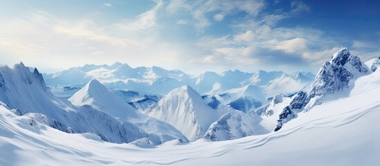A breathtaking snowy landscape with majestic mountains in the wintertime providing a picturesque and serene copy space image