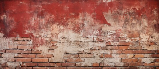 A worn out brick wall with a shabby red grunge background and damaged plaster Perfect for an abstract web banner with enough copy space