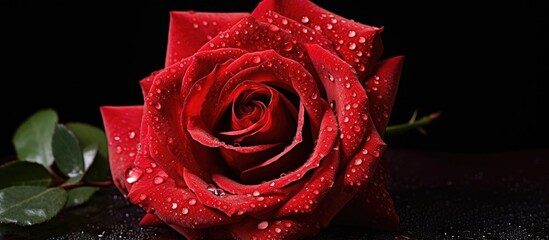 A vibrant red rose with glistening water droplets captured in a copy space image