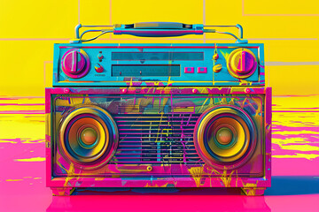 Fototapeta premium Bright, retro, urban 3D Boombox graphic. 