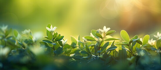 A vibrant copy space image of flowers and small green leaves illuminated by the morning sun creates a beautiful natural background