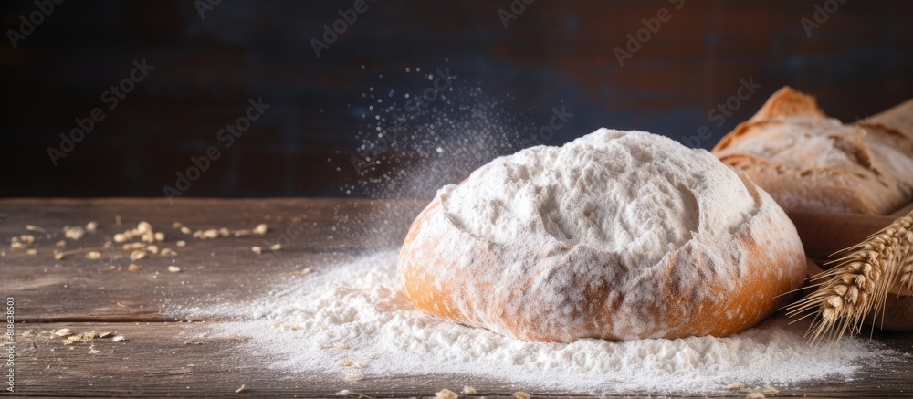 Poster Homemade bread with flour and grain on a wooden table background providing ample copy space for an image