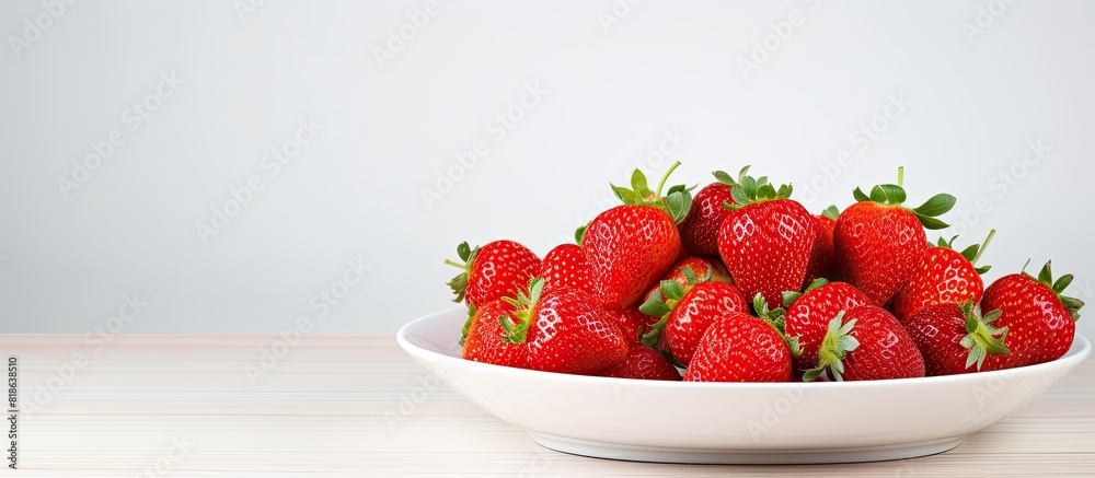 Poster a white plate showcases vibrant red strawberries on a backdrop of white with ample copy space for cu