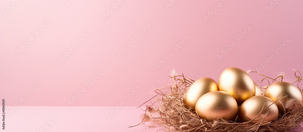 Aufkleber A nest of golden Easter eggs sits atop a pink background creating a minimal Easter concept that offers copy space for text
