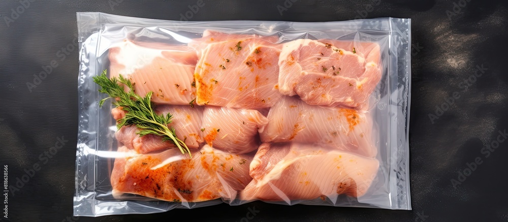 Aufkleber Top view of a poultry vacuum packed set placed on a gray stone table background Copy space is available for text placement in the image