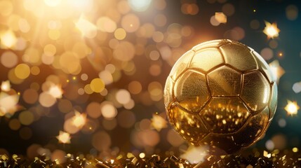 Close-up of golden soccer globe with stars on stadium lights background with space for text. Sport, competition and championship concept. Golden football cup