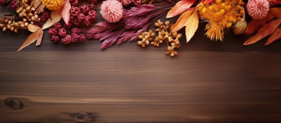 A copy space image of autumn leaves and dried flowers arranged on a wooden background
