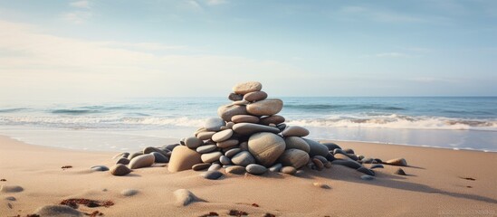 A pile of rocks sits on a sandy shoreline adjacent to the sea providing an empty area for writing. Creative banner. Copyspace image