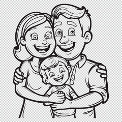 Black line art design of an family, vector illustration for coloring book pages on transparent background