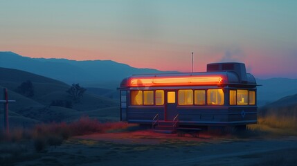 A vintage roadside diner nestled among rolling hills, its neon sign flickering to life as dusk...
