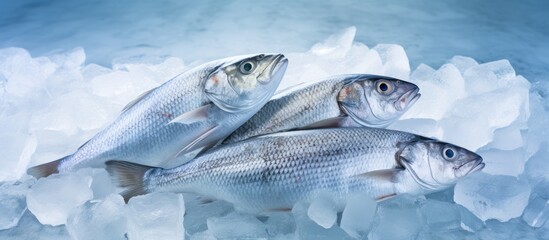 A copy space image of beautifully arranged glistening fresh fish displayed on a bed of ice