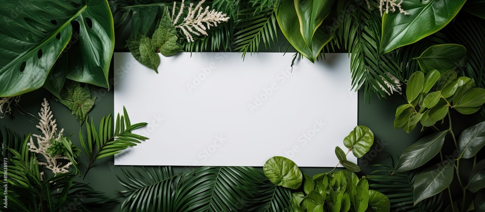 Aufkleber Top view of a creative layout featuring green leaves and a paper card with ample copy space The composition highlights a natural concept