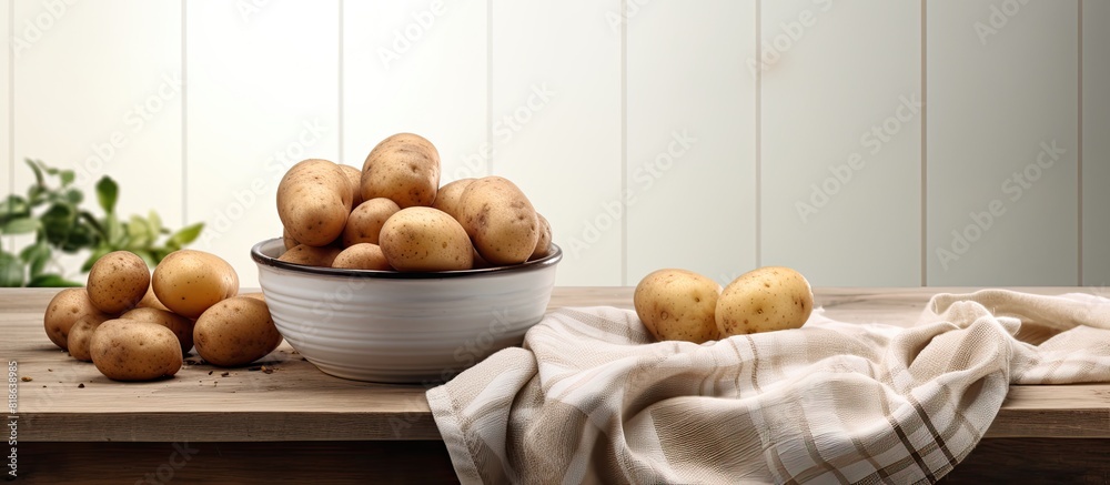 Poster the table is adorned with a bowl containing fresh pristine potatoes a kitchen towel complements the 