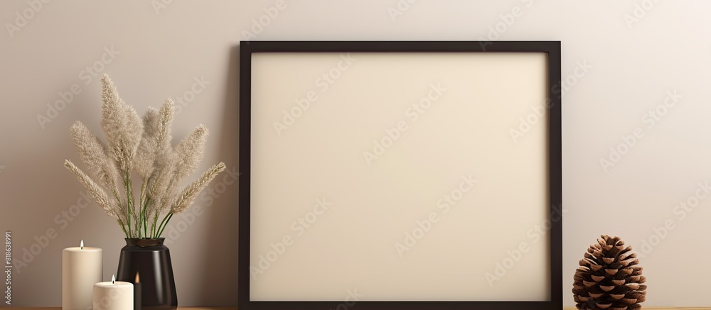 Poster Beige background with an empty black picture frame featuring a pinecone and vase providing copy space image