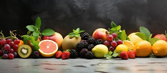 A refreshing mix of colorful fruits and fragrant herbs arranged on a tiled background creating an...