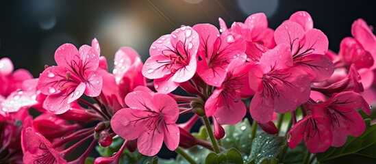 A high quality photo capturing the beauty of Pelargonium flowers in a summer rain with ample copy space