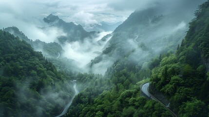 A winding mountain road disappearing into mist-shrouded peaks, with dense forest clinging to the slopes. - Powered by Adobe