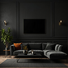 Modern luxury living room interior background, living room interior mockup, Stylish dark living room interior with gray sofa mock up, modern interior background