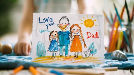 Child's drawing of a family titled Love You Dad and colorful pencils on a table. Father's Day banner