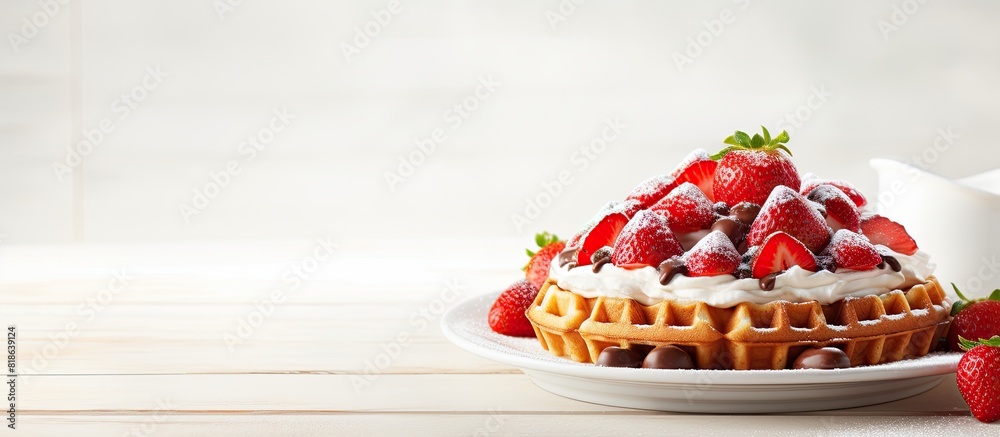 Aufkleber a concept of breakfast food featuring belgian waffles topped with strawberries arranged on a white p