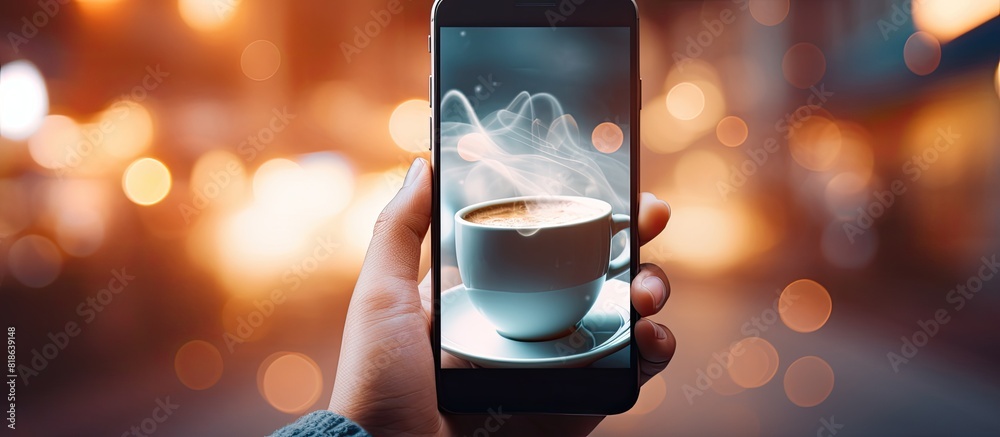 Poster A closeup image of a woman s hands holding a smartphone with a nearby coffee cup providing a copy space image