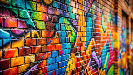 Abstract close-up of graffiti art on a brick wall, with focus on texture and layers of paint 