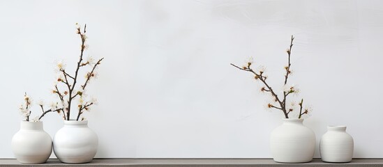 A copy space image of vases with blooming branches placed on a shelving unit adjacent to a white brick wall
