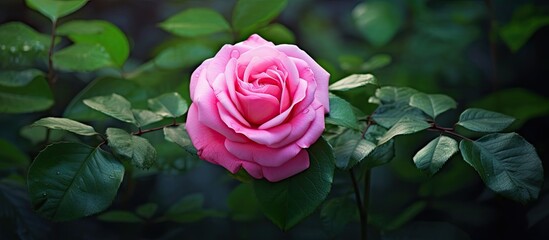 A single pink garden rose called Pirouette Rose showcasing rosebuds amid lush dark green leaves Perfect for a copy space image
