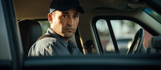 Portrait of a young postal worker sitting in his car during a delivery on his way to deliver mail copy space image