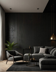 Stylish dark living room interior with gray sofa mock up, modern interior background, empty black wall mockup