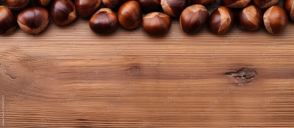 Poster A top down view of roasted chestnuts on a wooden table with a white background providing ample copy space for other elements