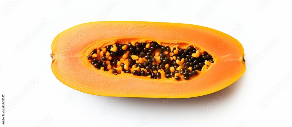 Poster Top view of a perfectly ripe papaya slice isolated on a white background providing ample copy space for your text Flat lay composition