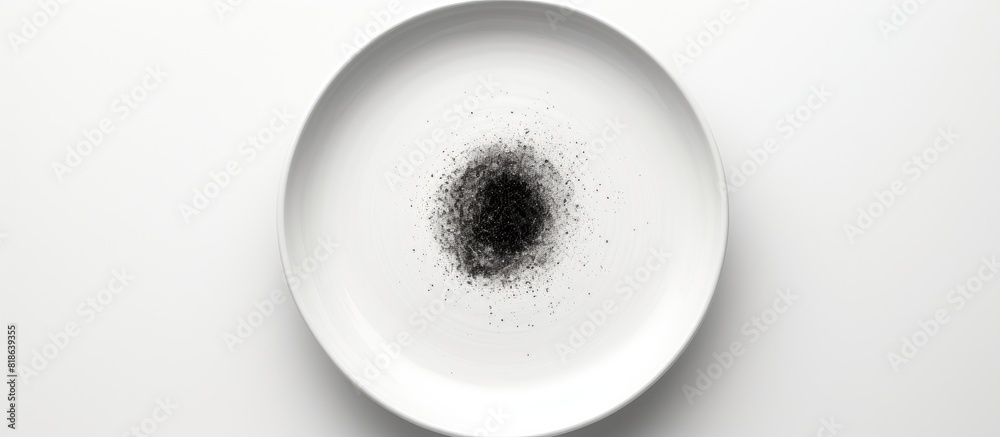 Poster the ceramic plate has a black circle in the center and is placed on a white background the image can