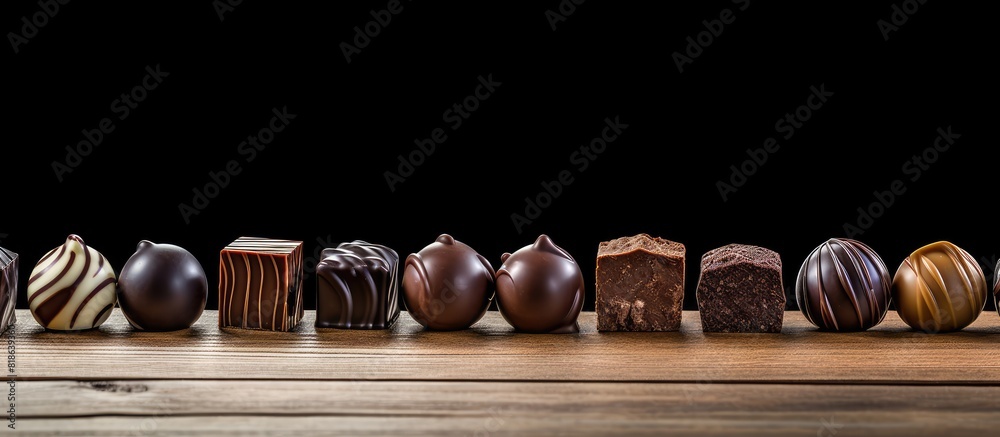 Aufkleber a line of delectable chocolate candies arranged on a rustic wooden table allowing room for a copy sp