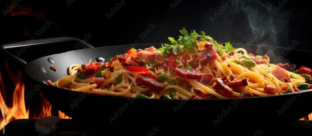 Aufkleber A copy space image of spaghetti tossed with ham and bacon in a sizzling stir fry