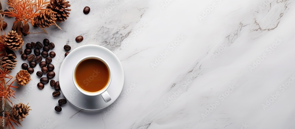Aufkleber a copy space image of a black coffee placed on a marble table is accompanied by milk and pine cones