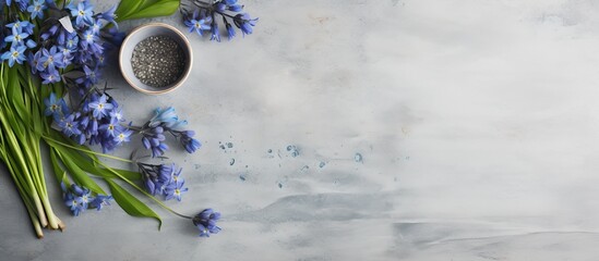 Concrete background with copy space image showcasing a spring table setting adorned with blue scilla siberica flowers