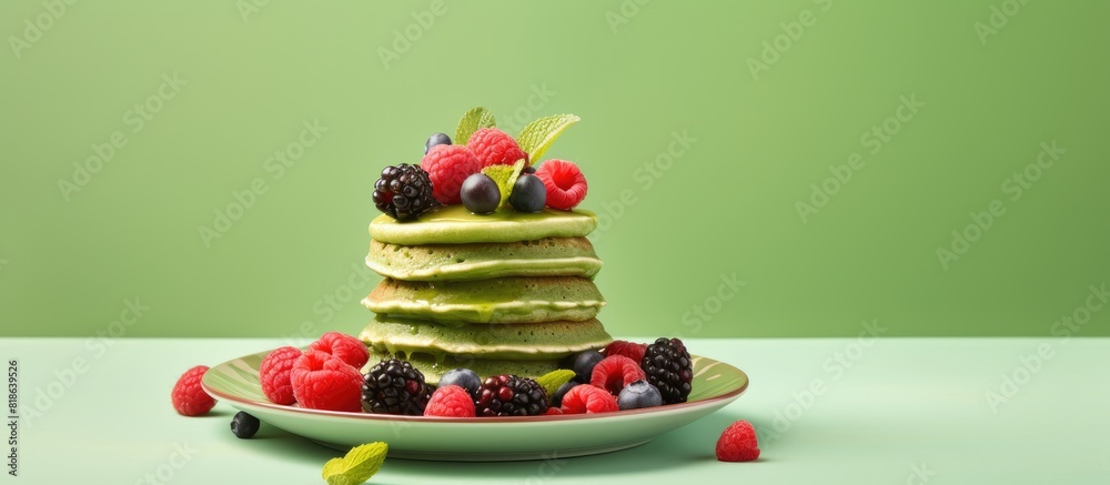 Poster colorful background with a plate featuring delicious green pancakes topped with berries perfect for 