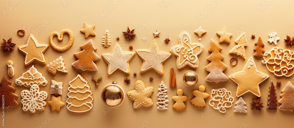 Poster Christmas cookies and cutters arranged on a beige background with ample copy space for text or graphic elements in the image